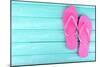 Bright Flip-Flops on Color Wooden Background-Yastremska-Mounted Photographic Print