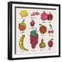 Bright Fruit and Berries Set in Vector. Lemon, Redcurrant, Apple, Strawberry, Banana, Grape, Pomegr-smilewithjul-Framed Art Print