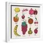 Bright Fruit and Berries Set in Vector. Lemon, Redcurrant, Apple, Strawberry, Banana, Grape, Pomegr-smilewithjul-Framed Art Print