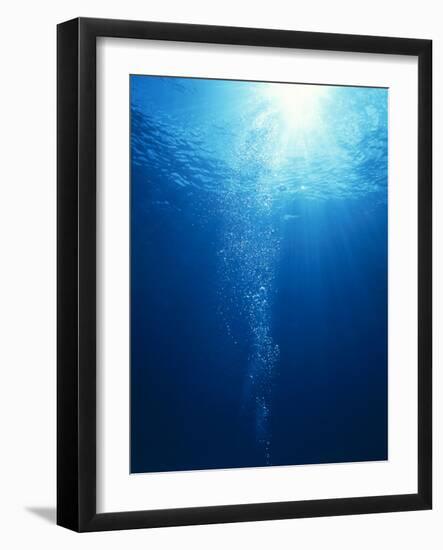 Bright Light Shooting To Surface of Deep Blue Sea with Trail of Bubbles-null-Framed Photographic Print