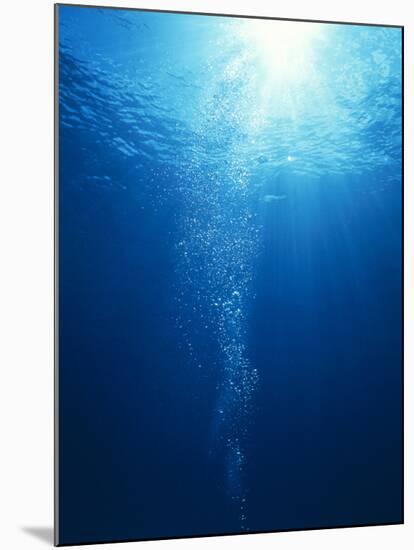 Bright Light Shooting To Surface of Deep Blue Sea with Trail of Bubbles-null-Mounted Photographic Print
