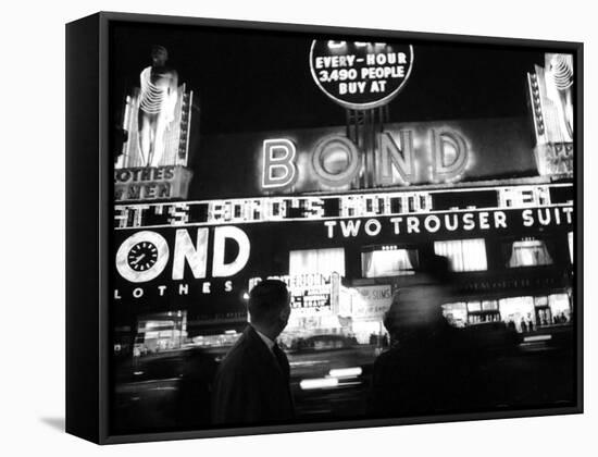 Bright Neon Lights of Bond's Clothing Store-Lisa Larsen-Framed Stretched Canvas