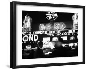 Bright Neon Lights of Bond's Clothing Store-Lisa Larsen-Framed Photographic Print