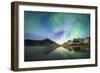 Bright night sky with Aurora Borealis (Northern Lights) over mountains and Skagsanden beach-Roberto Moiola-Framed Photographic Print