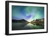 Bright night sky with Aurora Borealis (Northern Lights) over mountains and Skagsanden beach-Roberto Moiola-Framed Photographic Print