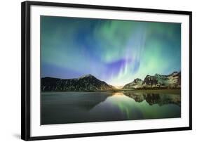 Bright night sky with Aurora Borealis (Northern Lights) over mountains and Skagsanden beach-Roberto Moiola-Framed Photographic Print