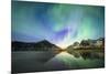 Bright night sky with Aurora Borealis (Northern Lights) over mountains and Skagsanden beach-Roberto Moiola-Mounted Photographic Print