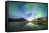 Bright night sky with Aurora Borealis (Northern Lights) over mountains and Skagsanden beach-Roberto Moiola-Framed Stretched Canvas