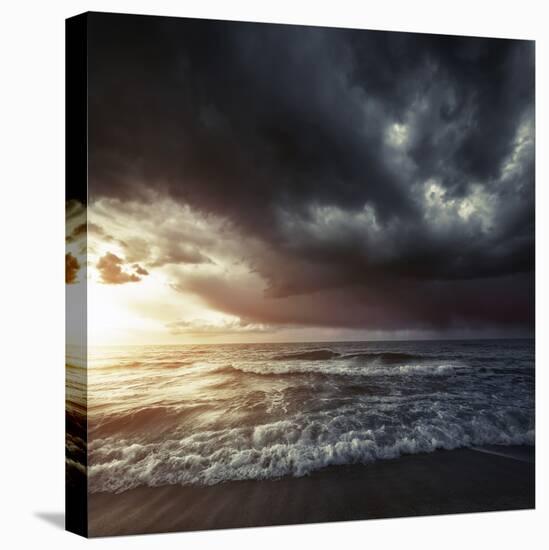 Bright Sunset Against a Wavy Sea with Stormy Clouds, Hersonissos, Crete-null-Stretched Canvas