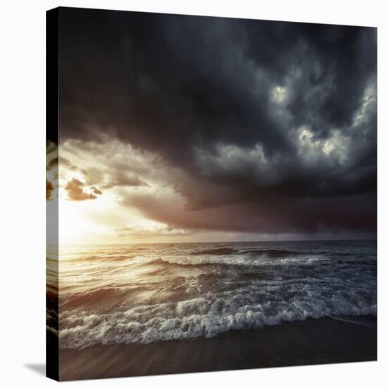 Bright Sunset Against a Wavy Sea with Stormy Clouds, Hersonissos, Crete-null-Stretched Canvas