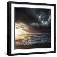 Bright Sunset Against a Wavy Sea with Stormy Clouds, Hersonissos, Crete-null-Framed Premium Photographic Print