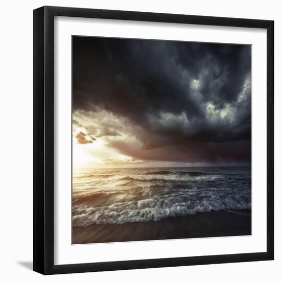 Bright Sunset Against a Wavy Sea with Stormy Clouds, Hersonissos, Crete-null-Framed Premium Photographic Print