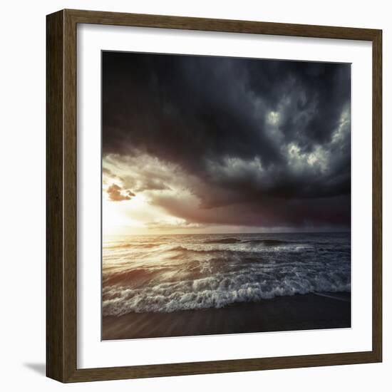 Bright Sunset Against a Wavy Sea with Stormy Clouds, Hersonissos, Crete-null-Framed Photographic Print