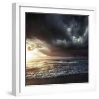 Bright Sunset Against a Wavy Sea with Stormy Clouds, Hersonissos, Crete-null-Framed Photographic Print