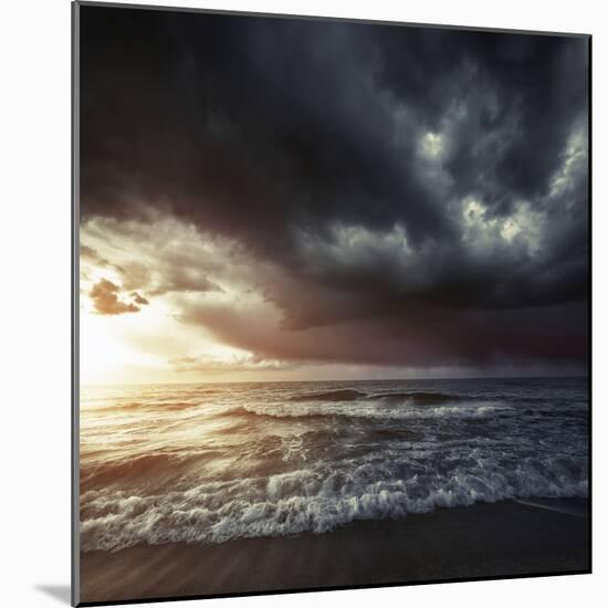Bright Sunset Against a Wavy Sea with Stormy Clouds, Hersonissos, Crete-null-Mounted Photographic Print