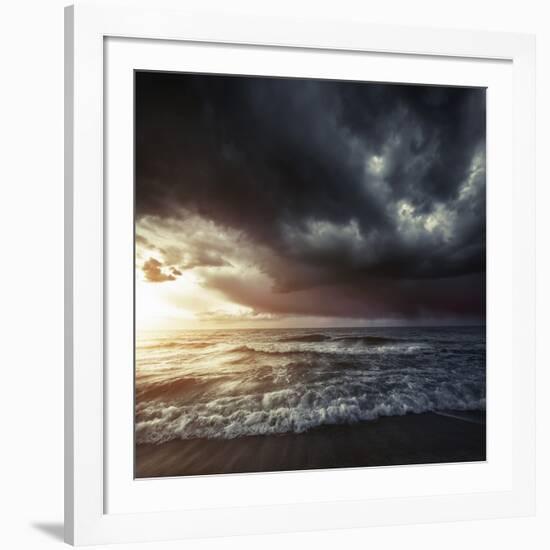 Bright Sunset Against a Wavy Sea with Stormy Clouds, Hersonissos, Crete-null-Framed Photographic Print