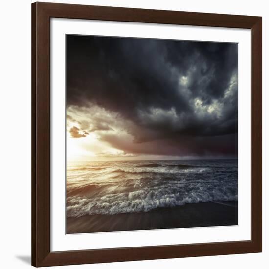 Bright Sunset Against a Wavy Sea with Stormy Clouds, Hersonissos, Crete-null-Framed Photographic Print