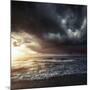 Bright Sunset Against a Wavy Sea with Stormy Clouds, Hersonissos, Crete-null-Mounted Photographic Print
