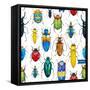 Bright Watercolor Seamless Pattern with Beetles, White Background-Anastasia Zenina-Lembrik-Framed Stretched Canvas