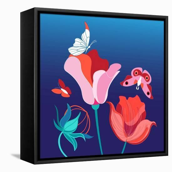 Bright with Different Flowers and Butterflies-Tatiana Korchemkina-Framed Stretched Canvas