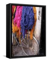 Brightly Dyed Wool Hanging Over Bicycle, Marrakech, Morrocco, North Africa, Africa-John Miller-Framed Stretched Canvas