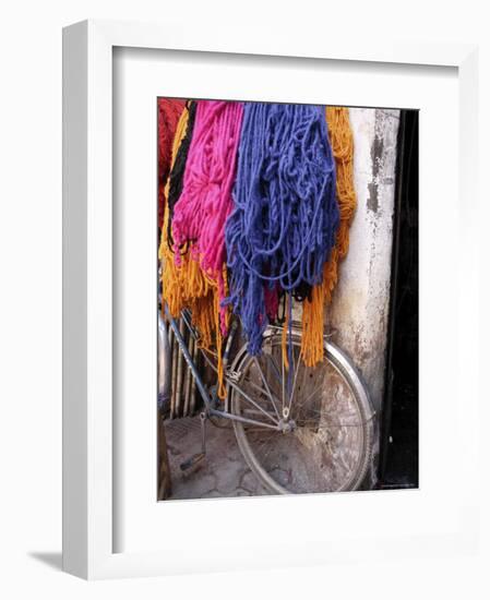 Brightly Dyed Wool Hanging Over Bicycle, Marrakech, Morrocco, North Africa, Africa-John Miller-Framed Photographic Print