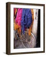 Brightly Dyed Wool Hanging Over Bicycle, Marrakech, Morrocco, North Africa, Africa-John Miller-Framed Photographic Print