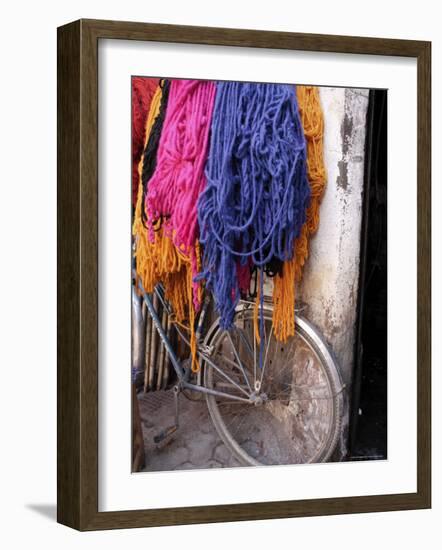 Brightly Dyed Wool Hanging Over Bicycle, Marrakech, Morrocco, North Africa, Africa-John Miller-Framed Photographic Print