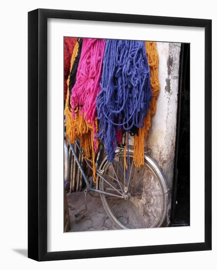 Brightly Dyed Wool Hanging Over Bicycle, Marrakech, Morrocco, North Africa, Africa-John Miller-Framed Photographic Print