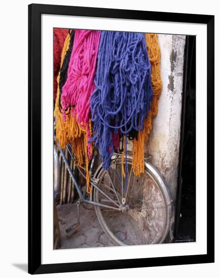 Brightly Dyed Wool Hanging Over Bicycle, Marrakech, Morrocco, North Africa, Africa-John Miller-Framed Photographic Print