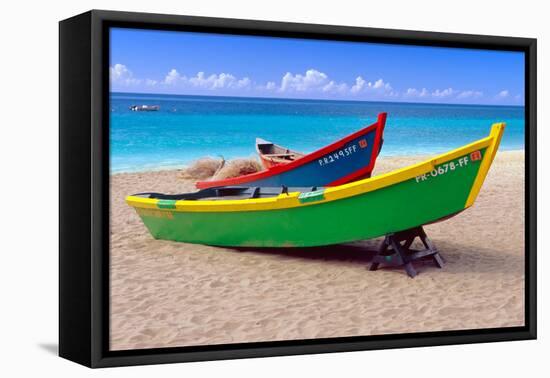 Brightly Painetd Boats, Puerto Rico-George Oze-Framed Stretched Canvas