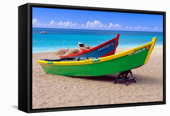 Brightly Painetd Boats, Puerto Rico-George Oze-Framed Stretched Canvas