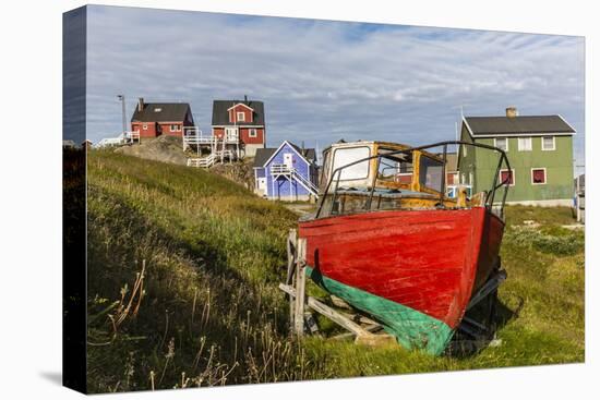 Brightly Painted Houses and Boat in Sisimiut, Greenland, Polar Regions-Michael Nolan-Stretched Canvas