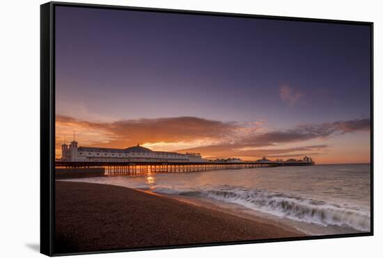 Brighton Pier and beach at sunrise, Brighton, East Sussex, Sussex, England, United Kingdom, Europe-Andrew Sproule-Framed Stretched Canvas