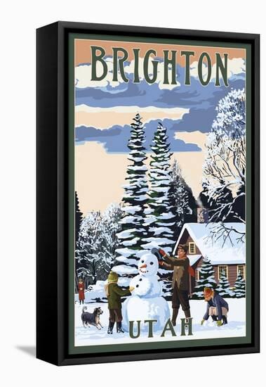 Brighton Resort, Utah - Snowman Scene-Lantern Press-Framed Stretched Canvas