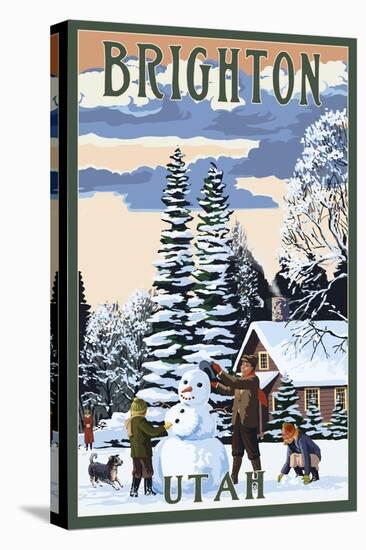 Brighton Resort, Utah - Snowman Scene-Lantern Press-Stretched Canvas