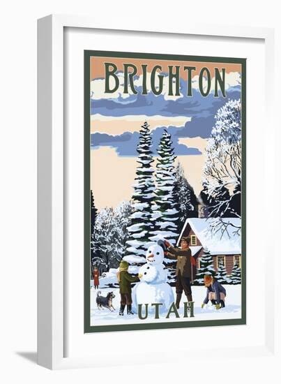 Brighton Resort, Utah - Snowman Scene-Lantern Press-Framed Art Print