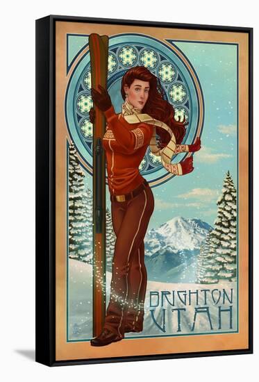 Brighton, Utah - Art Nouveau Skier-Lantern Press-Framed Stretched Canvas