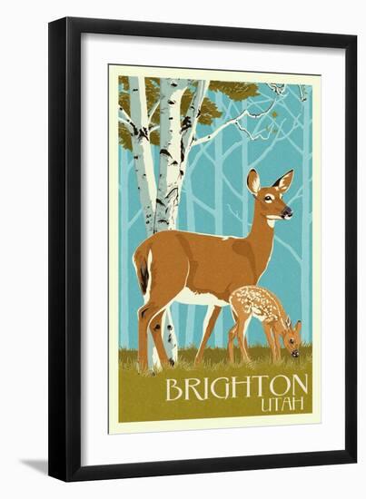 Brighton, Utah - Deer and Fawn Letterpress-Lantern Press-Framed Art Print