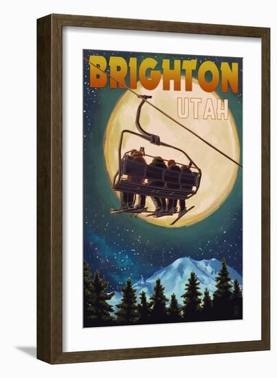Brighton, Utah - Ski Lift and Full Moon-Lantern Press-Framed Art Print