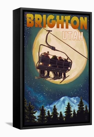 Brighton, Utah - Ski Lift and Full Moon-Lantern Press-Framed Stretched Canvas