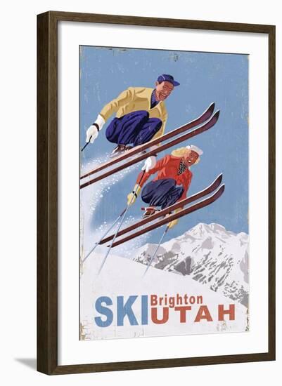 Brighton, Utah - Vintage Skiers-Lantern Press-Framed Art Print