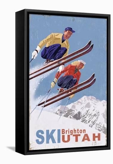 Brighton, Utah - Vintage Skiers-Lantern Press-Framed Stretched Canvas