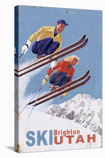Brighton, Utah - Vintage Skiers-Lantern Press-Stretched Canvas
