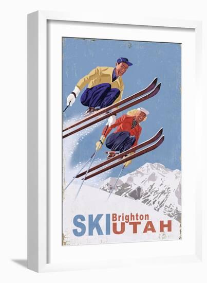 Brighton, Utah - Vintage Skiers-Lantern Press-Framed Art Print