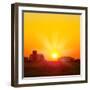 Brilliant Orange Sunrise over a Corn Field in Iowa, and Barn with a Bright Yellow Sun on a Cool Fal-Paul Orr-Framed Photographic Print