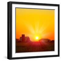 Brilliant Orange Sunrise over a Corn Field in Iowa, and Barn with a Bright Yellow Sun on a Cool Fal-Paul Orr-Framed Photographic Print