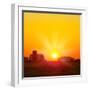 Brilliant Orange Sunrise over a Corn Field in Iowa, and Barn with a Bright Yellow Sun on a Cool Fal-Paul Orr-Framed Photographic Print