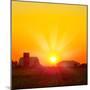 Brilliant Orange Sunrise over a Corn Field in Iowa, and Barn with a Bright Yellow Sun on a Cool Fal-Paul Orr-Mounted Photographic Print