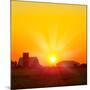 Brilliant Orange Sunrise over a Corn Field in Iowa, and Barn with a Bright Yellow Sun on a Cool Fal-Paul Orr-Mounted Photographic Print
